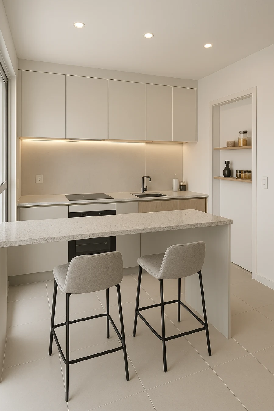 Cozinha pequena com paleta de cores claras e iluminação embutida e direcionada